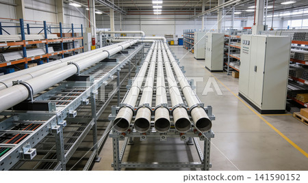 Industrial warehouse interior with rows of pipes and storage racks Industrial warehouse interior with rows of pipes and storage racks 141590152