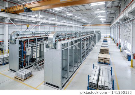 Modern industrial factory interior with large electrical cabinets and overhead crane Modern industrial factory interior with large electrical cabinets and overhead crane 141590153