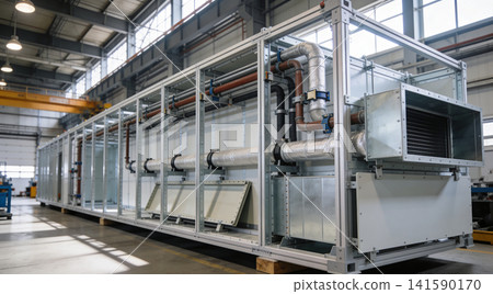 Industrial HVAC unit with complex piping and ventilation system in a factory Industrial HVAC unit with complex piping and ventilation system in a factory 141590170
