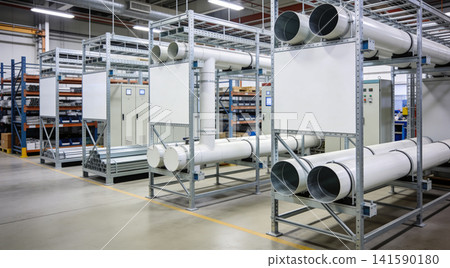 Industrial ventilation system with large pipes and storage racks in a factory Industrial ventilation system with large pipes and storage racks in a factory 141590180