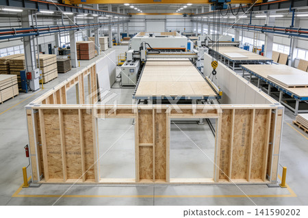 Modern factory producing prefabricated wooden wall panels for construction Modern factory producing prefabricated wooden wall panels for construction 141590202