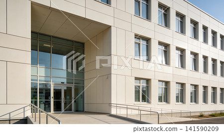 Modern office building entrance with glass facade and clean architectural lines Modern office building entrance with glass facade and clean architectural lines 141590209