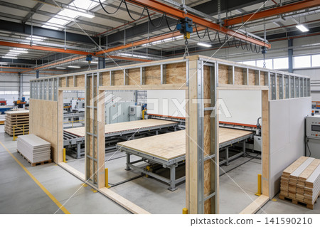 Modern factory producing prefabricated building components for construction Modern factory producing prefabricated building components for construction 141590210