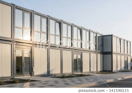 Modern modular office building with glass windows and doors in the sunlight Modern modular office building with glass windows and doors in the sunlight 141590215
