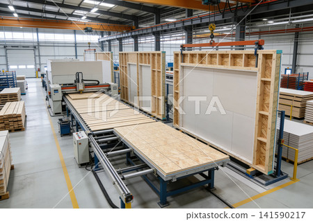 Automated factory producing prefabricated wooden wall panels on a conveyor line Automated factory producing prefabricated wooden wall panels on a conveyor line 141590217