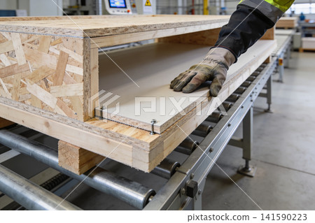 Worker's gloved hand guides construction panel on industrial conveyor belt Worker's gloved hand guides construction panel on industrial conveyor belt 141590223