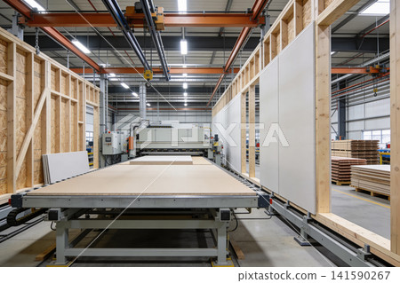 Modern factory producing prefabricated wooden wall panels for construction Modern factory producing prefabricated wooden wall panels for construction 141590267
