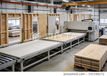Automated factory production line for prefabricated wooden wall panels Automated factory production line for prefabricated wooden wall panels 141590272