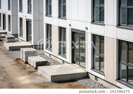 Modern apartment building under construction with materials on site Modern apartment building under construction with materials on site 141590275