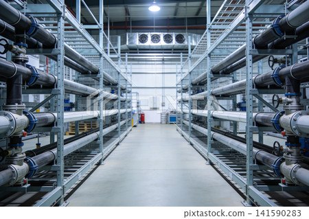 Industrial facility with rows of pipes and storage racks Industrial facility with rows of pipes and storage racks 141590283
