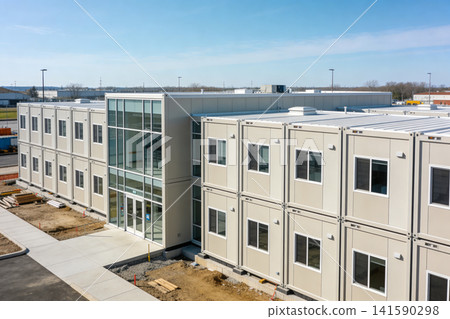 Modern modular building constructed from stacked shipping containers Modern modular building constructed from stacked shipping containers 141590298