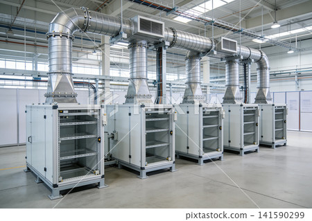 Industrial ventilation system with large metal ducts and air handling units Industrial ventilation system with large metal ducts and air handling units 141590299