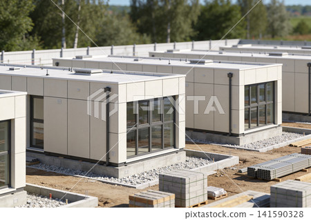 Modern modular housing units under construction in a row Modern modular housing units under construction in a row 141590328