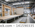 Automated manufacturing line for prefabricated wooden wall panels in a modern factory 141590335