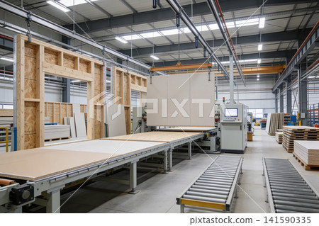 Automated manufacturing line for prefabricated wooden wall panels in a modern factory Automated manufacturing line for prefabricated wooden wall panels in a modern factory 141590335