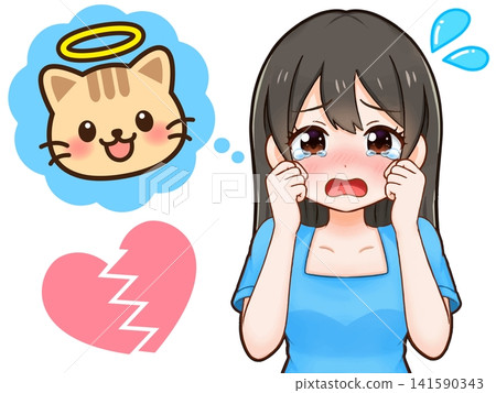 插圖描繪了一位女士因失去心愛的寵物而悲痛欲絕的情景。 141590343