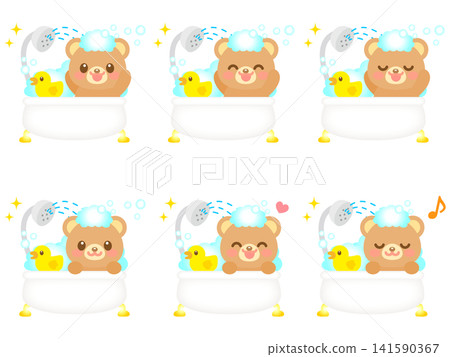 A set of 5 illustrations of a bear taking a bath. A set of 5 illustrations of a bear taking a bath. 141590367