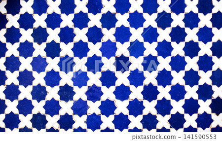 Intricate blue and white tile pattern featuring geometric shapes and star motifs, showcasing traditional craftsmanship and vibrant colors in decorative design Intricate blue and white tile pattern featuring geometric shapes and star motifs, showcasing traditional craftsmanship and vibrant colors in decorative design 141590553