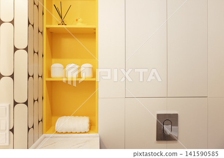 Close-up of stylish shelves in the bathroom. A bright accent on the yellow color of the furniture. Modern interior. Close-up of stylish shelves in the bathroom. A bright accent on the yellow color of the furniture. Modern interior. 141590585