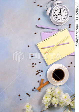 Morning studying or working flat lay with coffee Morning studying or working flat lay with coffee 141590729