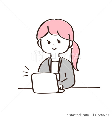 A female office worker operating a laptop with a smile. A female office worker operating a laptop with a smile. 141590764