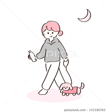 Vector illustration of a woman walking her dog at night Vector illustration of a woman walking her dog at night 141590765