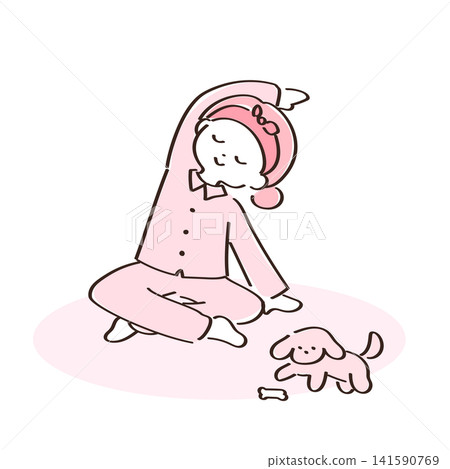 Cute vector illustration of a woman stretching and a dog playing with a toy. Cute vector illustration of a woman stretching and a dog playing with a toy. 141590769