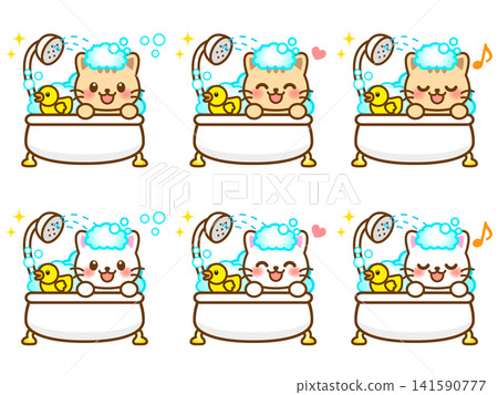 A set of illustrations of a cat taking a bath (3 illustrations) A set of illustrations of a cat taking a bath (3 illustrations) 141590777