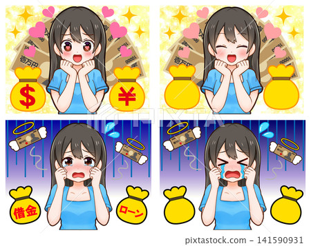 A set of 5 illustrations of a rich girl who earns a lot of money. A set of 5 illustrations of a rich girl who earns a lot of money. 141590931