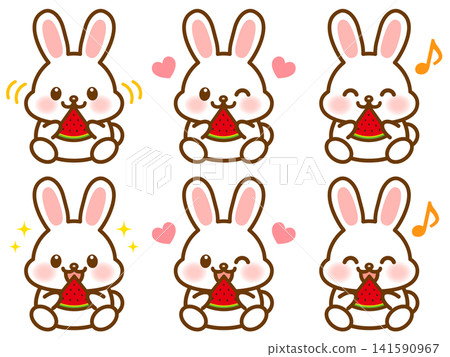 Illustration set of 3 rabbits eating watermelon 141590967