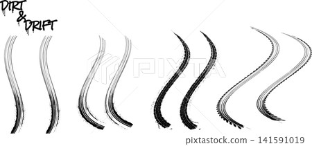 Tire tracks are visible on a dirt surface, showing various patterns created by drifting vehicles. The setting is outdoors with clear visibility. Tire tracks are visible on a dirt surface, showing various patterns created by drifting vehicles. The setting is outdoors with clear visibility. 141591019