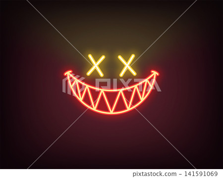 Outline neon evil smile, red yellow. Neon evil joker smile with cross on eyes and sharp teeth, monster grin. Emoji with evil sneer, devil smile, scary demon mouth, creepy gamer emoticon. Vector 141591069