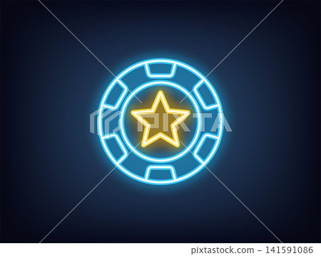 Outline neon star chip, blue yellow. Neon poker chip with star icon, casino club. Poker game, gamble sport, casino token win, gaming chip, gambling roulette game, money reward. Vector Outline neon star chip, blue yellow. Neon poker chip with star icon, casino club. Poker game, gamble sport, casino token win, gaming chip, gambling roulette game, money reward. Vector 141591086