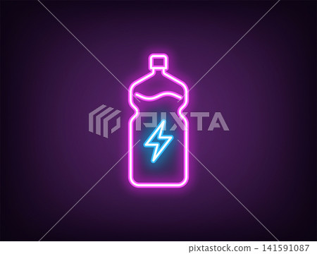 Outline neon energy drink, magenta blue. Neon water bottle with lightning icon, electrolytes drink. Hydration, liquid sport supplement, isotonic, health energy and electrolyte balance. Vector Outline neon energy drink, magenta blue. Neon water bottle with lightning icon, electrolytes drink. Hydration, liquid sport supplement, isotonic, health energy and electrolyte balance. Vector 141591087