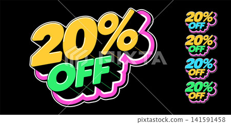 Text 20% off in 3D style, discount offer and special sale. Discount 20% off, text icon set for promotion. Bonus discount tag, isometric title 20% off in pop art style for graphic design, vector set 141591458