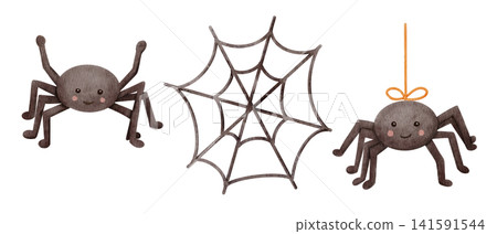Cute watercolor Halloween spiders set with smiling faces and web set isolated on white background Cute watercolor Halloween spiders set with smiling faces and web set isolated on white background 141591544