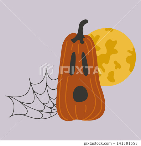 Hand-drawn Halloween card with pumpkin Jack-o-lantern, spider web and full moon for seasonal decor, party invitation Hand-drawn Halloween card with pumpkin Jack-o-lantern, spider web and full moon for seasonal decor, party invitation 141591555