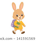 Cute cartoon bunny student girl with backpack and book walking to school on white background 141591569