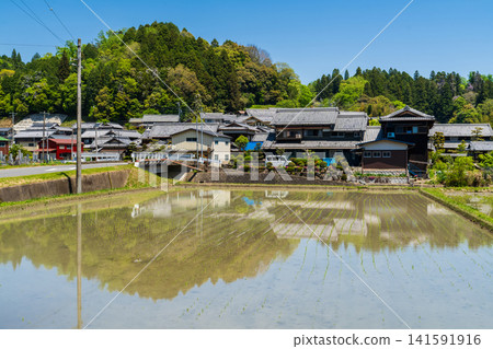 A spring landscape of traditional Japanese houses and rice paddies spread across the countryside of Kyoto. A spring landscape of traditional Japanese houses and rice paddies spread across the countryside of Kyoto. 141591916