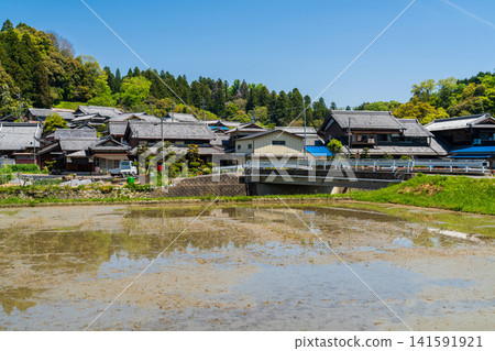 京都郊外,春意盎然,傳統的日式房屋和稻田綿延不絕。 京都郊外,春意盎然,傳統的日式房屋和稻田綿延不絕。 141591921