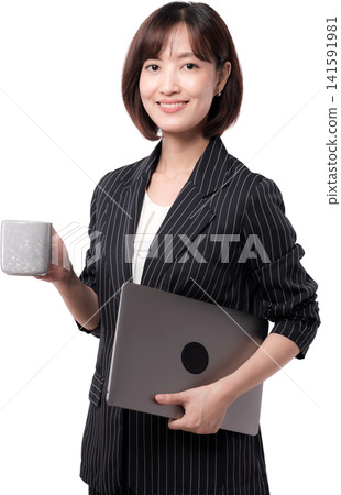 Smiling young asian woman expressing joy, holding ceramic mug and gray notebook computer, ready for work Smiling young asian woman expressing joy, holding ceramic mug and gray notebook computer, ready for work 141591981