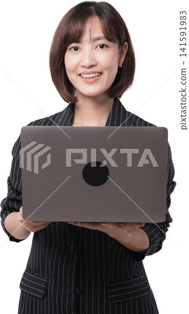 Cheerful asian woman proudly presents modern portable computer. She smiles happily demonstrating technology and digital Cheerful asian woman proudly presents modern portable computer. She smiles happily demonstrating technology and digital 141591983