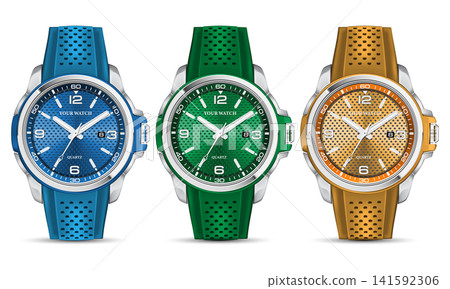 Realistic steel watch chronograph blue green yellow set collection rubber strap on white background design modern luxury for men fashion vector Realistic steel watch chronograph blue green yellow set collection rubber strap on white background design modern luxury for men fashion vector 141592306