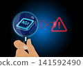 Magnifying glass highlighting AGI symbol with danger sign representing risks of advanced AI systems. 141592490