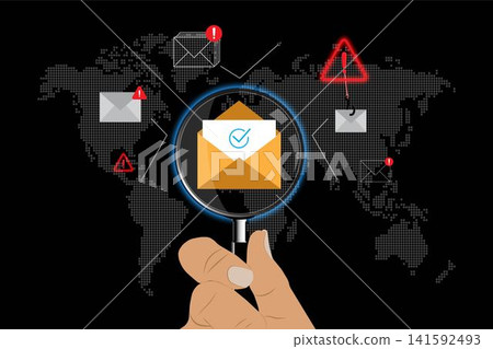 Inspecting verified email amid suspicious messages concept. Phishing detection, Security alerts, Cybersecurity monitoring, Secure communication, Digital trust management. Inspecting verified email amid suspicious messages concept. Phishing detection, Security alerts, Cybersecurity monitoring, Secure communication, Digital trust management. 141592493