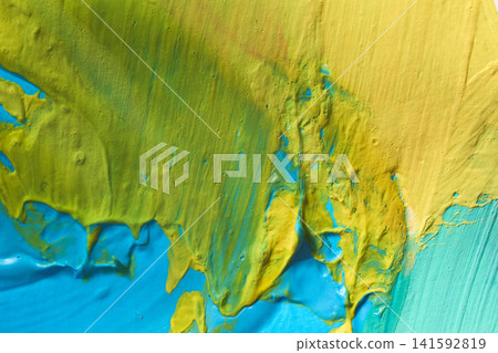 Thick yellow impasto strokes over a turquoise base. Visible fiber textures of the canvas Thick yellow impasto strokes over a turquoise base. Visible fiber textures of the canvas 141592819