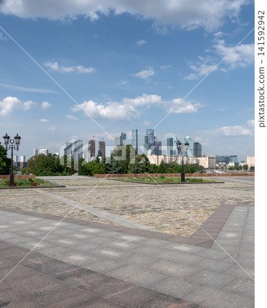 Panoramic view of Moscow urban landscape from Sparrow Hills with city buildings, skyline and clear sky 141592942