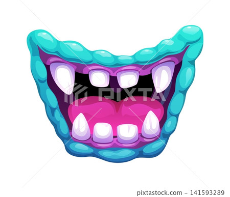 Cartoon monster mouth with sharp predator teeth and blue lips. Evil fangs frame open mouth revealing pink bumpy tongue and purple oral cavity. Vector Halloween monster grin for scary party Cartoon monster mouth with sharp predator teeth and blue lips. Evil fangs frame open mouth revealing pink bumpy tongue and purple oral cavity. Vector Halloween monster grin for scary party 141593289