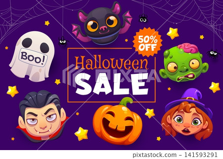 Halloween discount sale banner with scary emoji and emoticons. Festive vector banner with witch, pumpkin, Dracula, ghost, zombie, spiders, and bats. Cartoon spooky design for holiday promotions Halloween discount sale banner with scary emoji and emoticons. Festive vector banner with witch, pumpkin, Dracula, ghost, zombie, spiders, and bats. Cartoon spooky design for holiday promotions 141593291