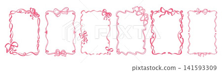 Ribbon bow frames and coquette borders of pink lace for romantic delicate or vintage classic card. Coquette frames with aesthetic decoration of elegant outline bow ties and cute wavy fancy ribbons Ribbon bow frames and coquette borders of pink lace for romantic delicate or vintage classic card. Coquette frames with aesthetic decoration of elegant outline bow ties and cute wavy fancy ribbons 141593309